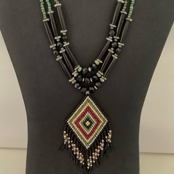 Hubei turquoise, crystal and onyx pendant necklace or choker. - Picture 3 of 4